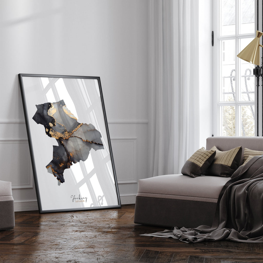 Hackney Map Black and Gold Wall Art Print | London | England | United Kingdom | Great Britain