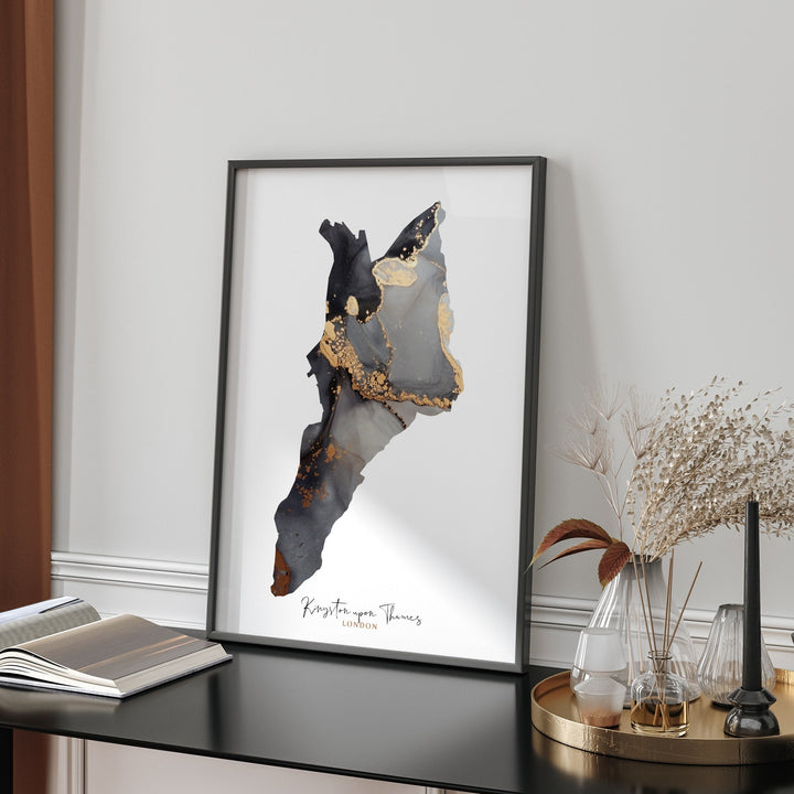 Kingston upon Thames Map Black and Gold Wall Art Print | London | England | United Kingdom | Great Britain