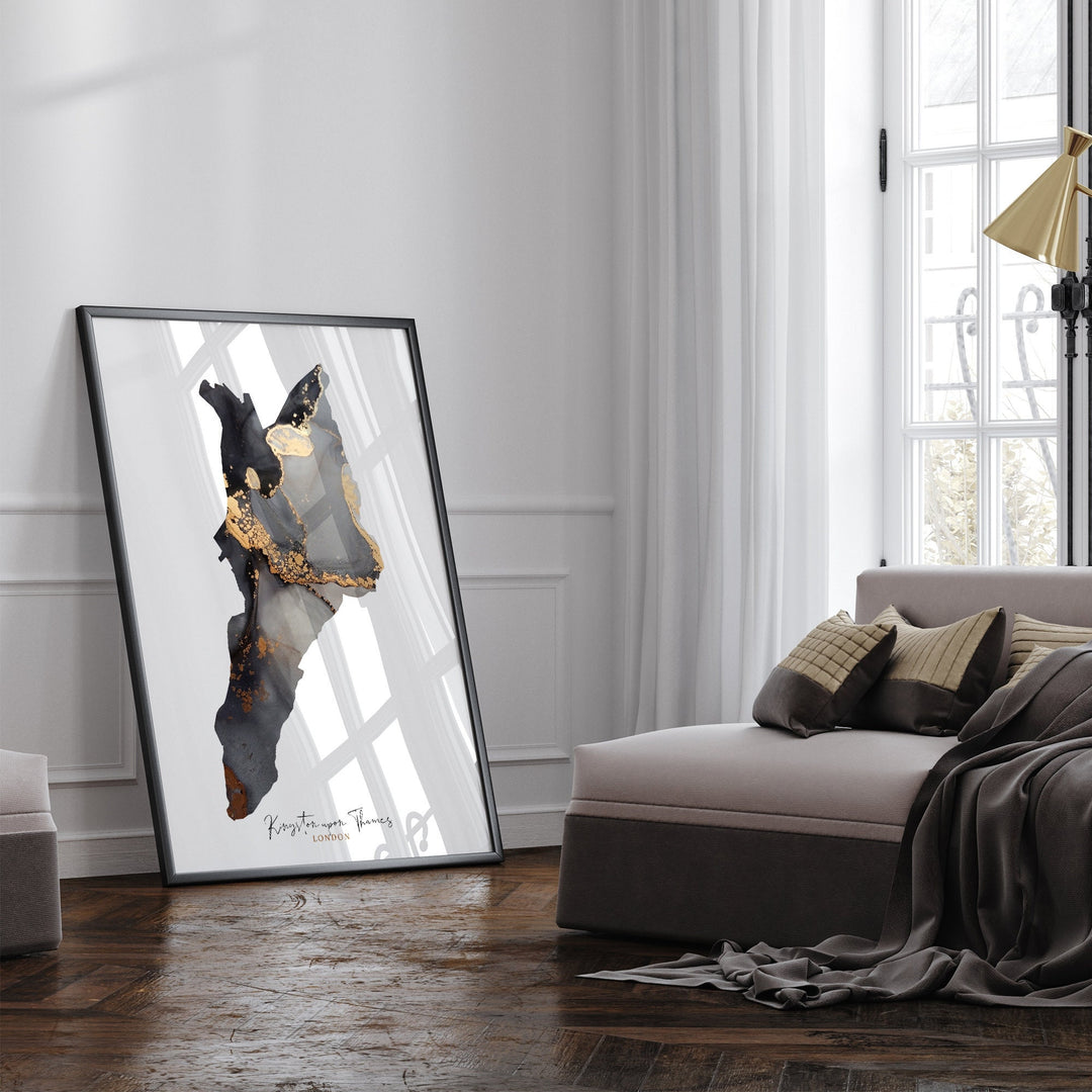 Kingston upon Thames Map Black and Gold Wall Art Print | London | England | United Kingdom | Great Britain