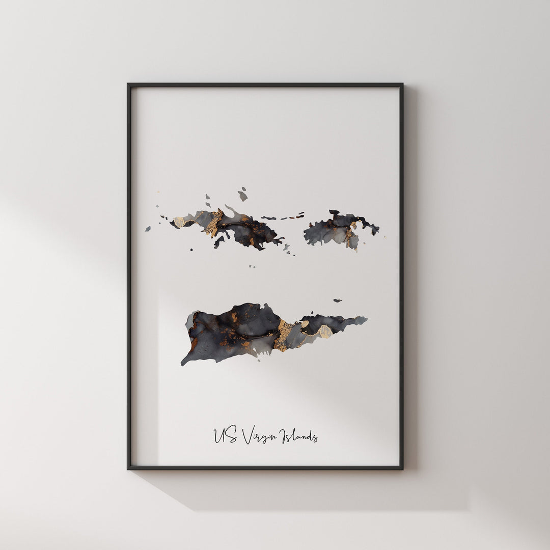 US Virgin Islands Map Black & Gold Wall Art Print