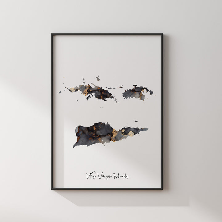 US Virgin Islands Map Black & Gold Wall Art Print
