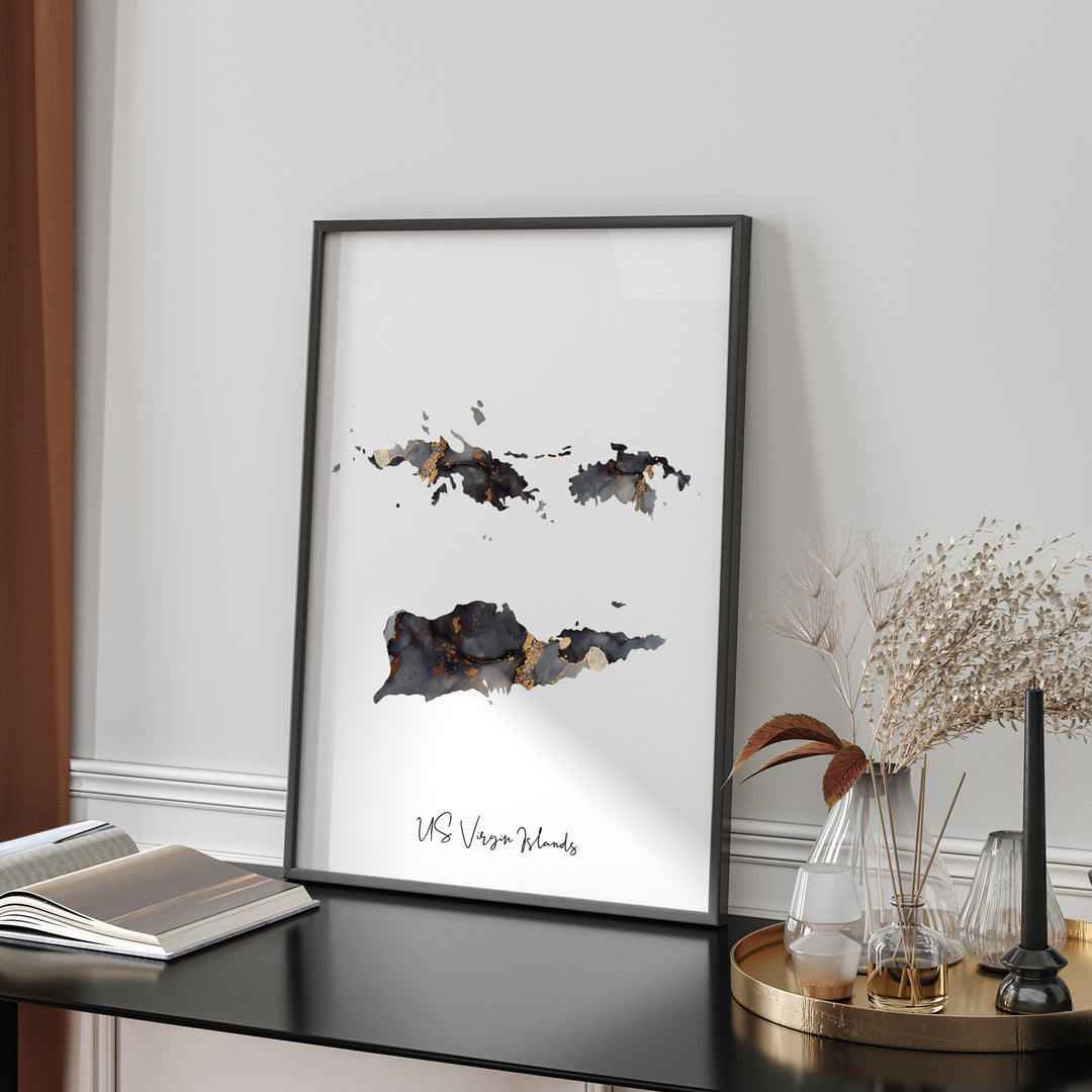 US Virgin Islands Map Black & Gold Wall Art Print