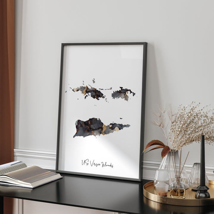 US Virgin Islands Map Black & Gold Wall Art Print