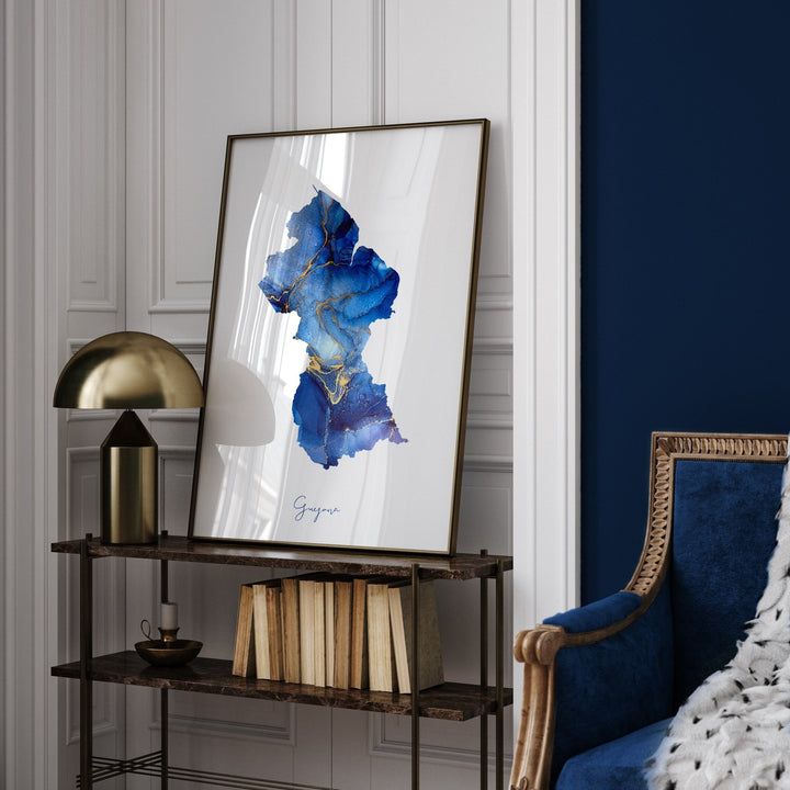 Guyana Map Blue & Gold Wall Art Print