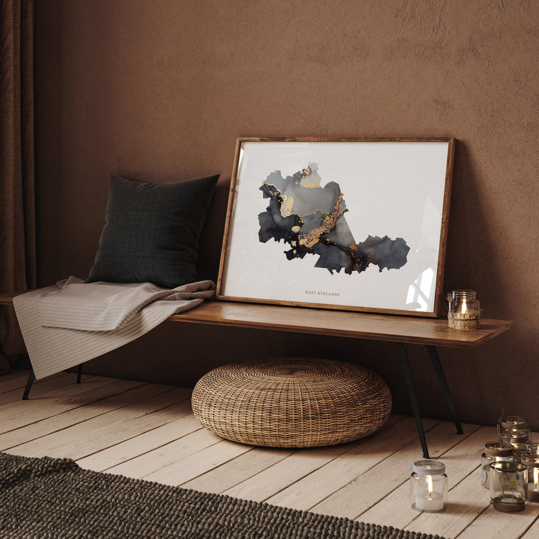 West Midlands Map Black & Gold Wall Art Print | England | United Kingdom | Great Britain