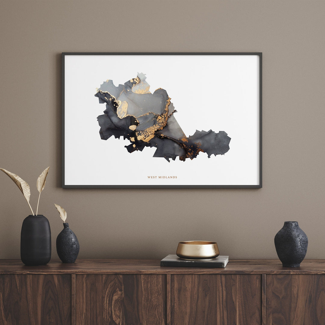 West Midlands Map Black & Gold Wall Art Print | England | United Kingdom | Great Britain