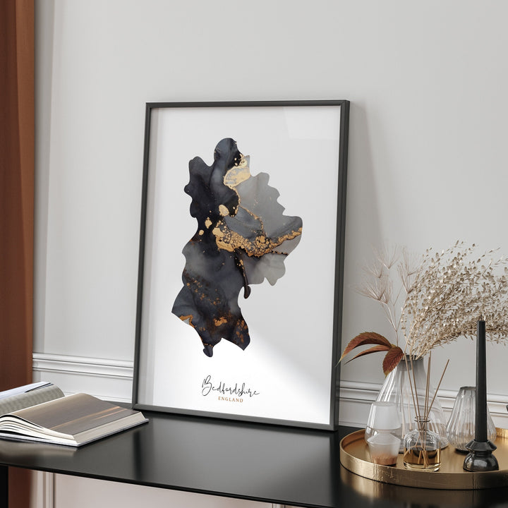 Bedfordshire Map Black & Gold Wall Art Print | England | United Kingdom | Great Britain