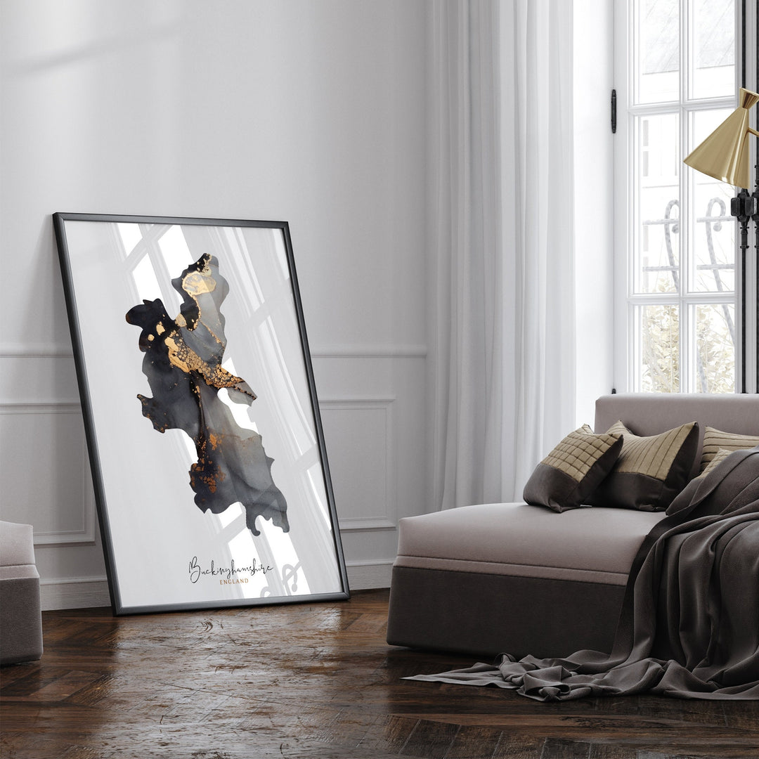 Buckinghamshire Map Black & Gold Wall Art Print | England | United Kingdom | Great Britain