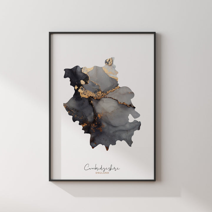 Cambridgeshire Map Black & Gold Wall Art Print | England | United Kingdom | Great Britain