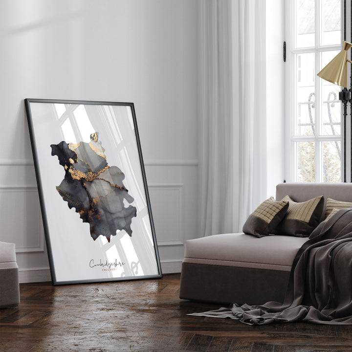 Cambridgeshire Map Black & Gold Wall Art Print | England | United Kingdom | Great Britain