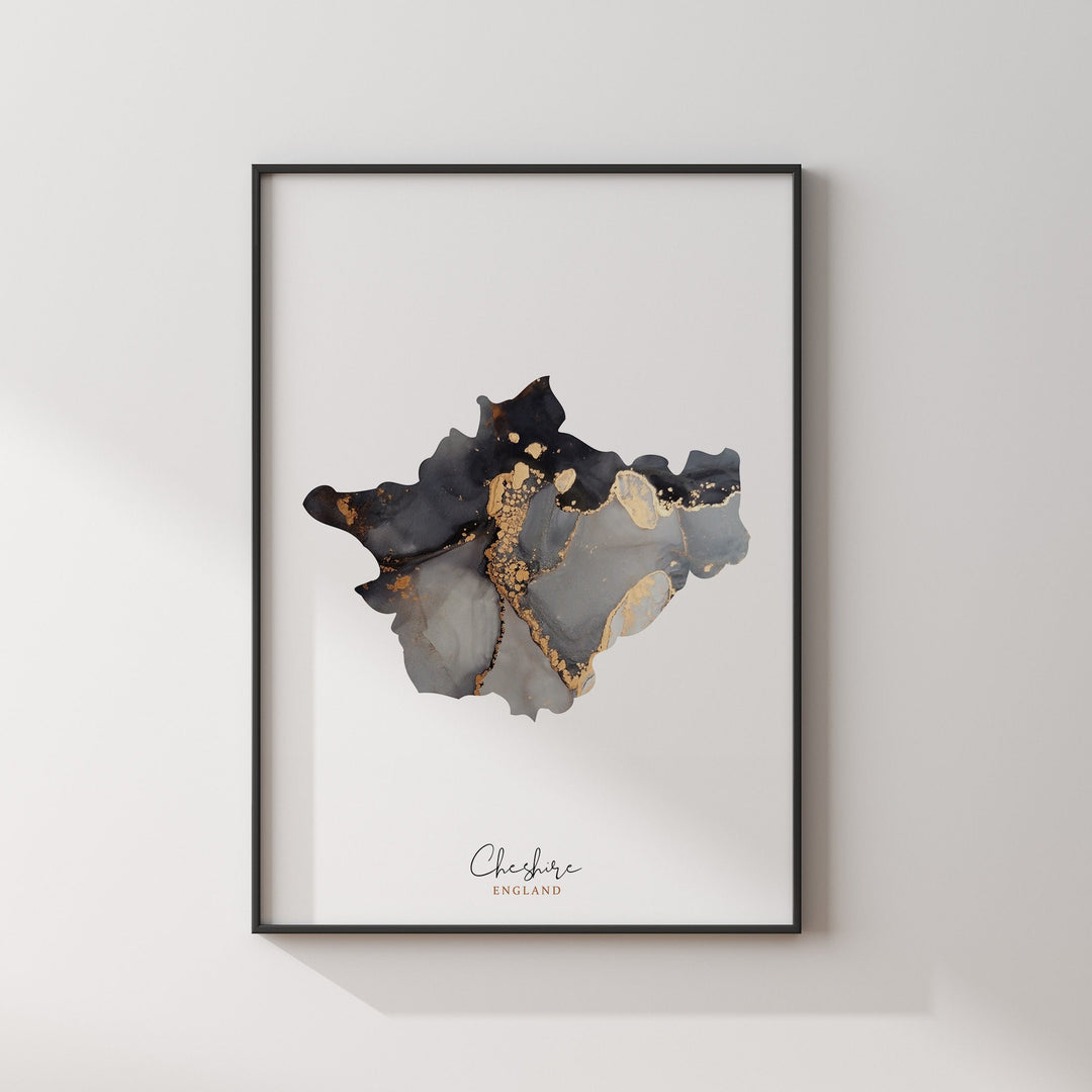 Cheshire Map Black & Gold Wall Art Print | England | United Kingdom | Great Britain