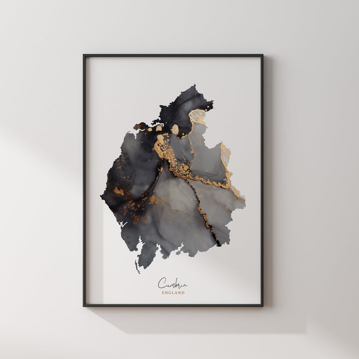 Cumbria Map Black & Gold Wall Art Print | England | United Kingdom | Great Britain