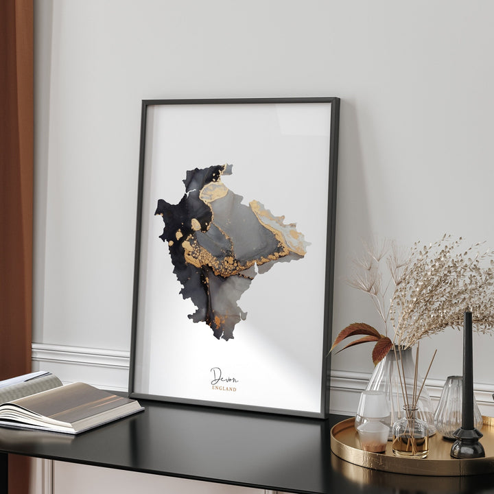 Devon Map Black & Gold Wall Art Print | England | United Kingdom | Great Britain