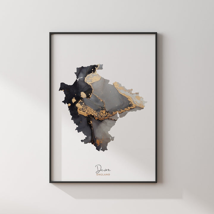 Devon Map Black & Gold Wall Art Print | England | United Kingdom | Great Britain