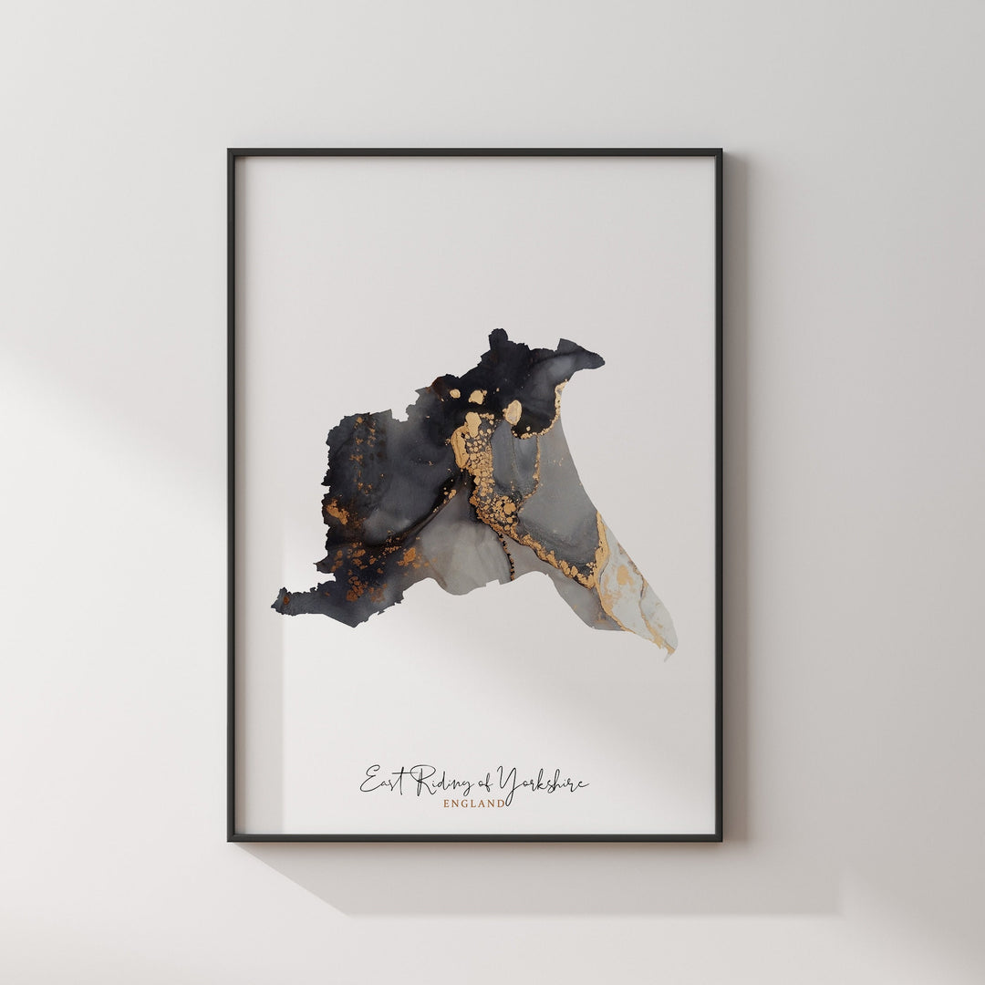 East Riding of Yorkshire Map Black & Gold Wall Art Print | England | United Kingdom | Great Britain