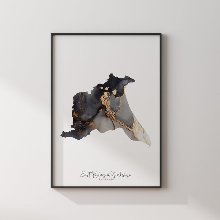 East Riding of Yorkshire Map Black & Gold Wall Art Print | England | United Kingdom | Great Britain