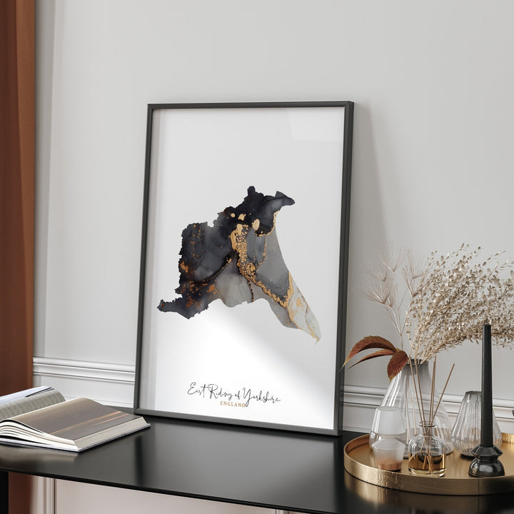 East Riding of Yorkshire Map Black & Gold Wall Art Print | England | United Kingdom | Great Britain