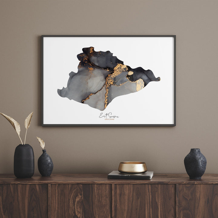 East Sussex Map Black & Gold Wall Art Print | England | United Kingdom | Great Britain