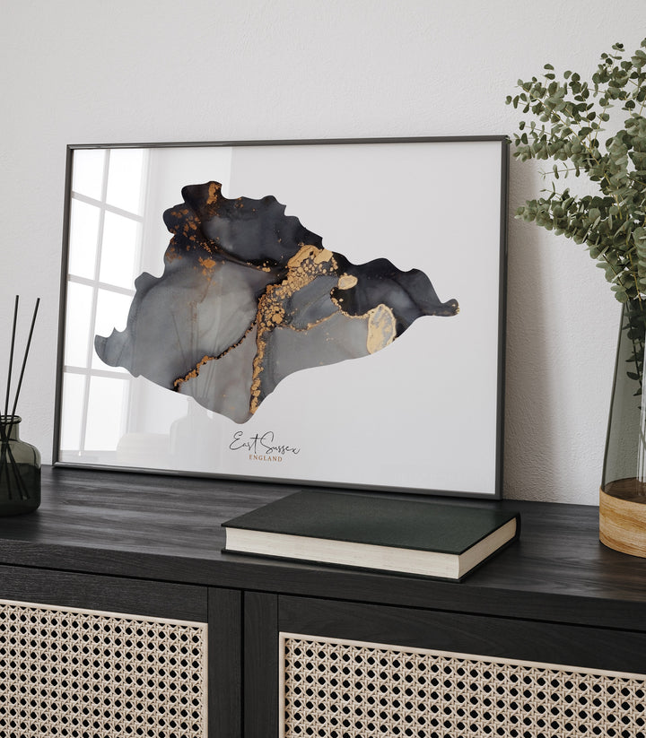 East Sussex Map Black & Gold Wall Art Print | England | United Kingdom | Great Britain