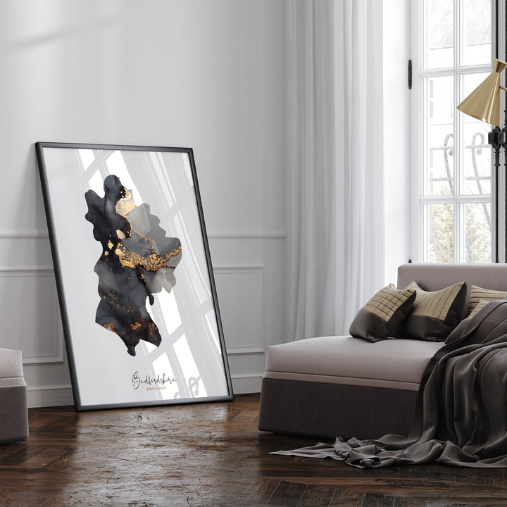 Bedfordshire Map Black & Gold Wall Art Print | England | United Kingdom | Great Britain