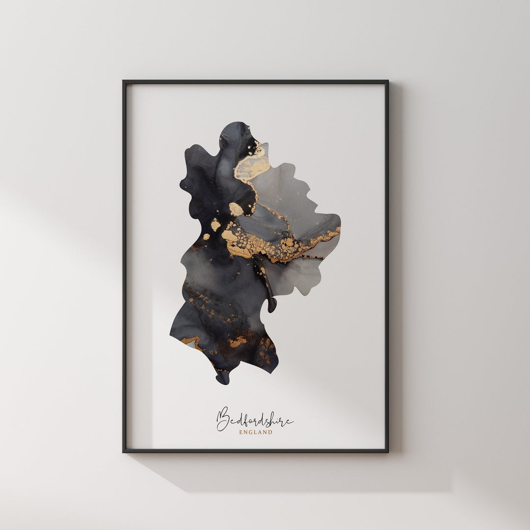 Bedfordshire Map Black & Gold Wall Art Print | England | United Kingdom | Great Britain