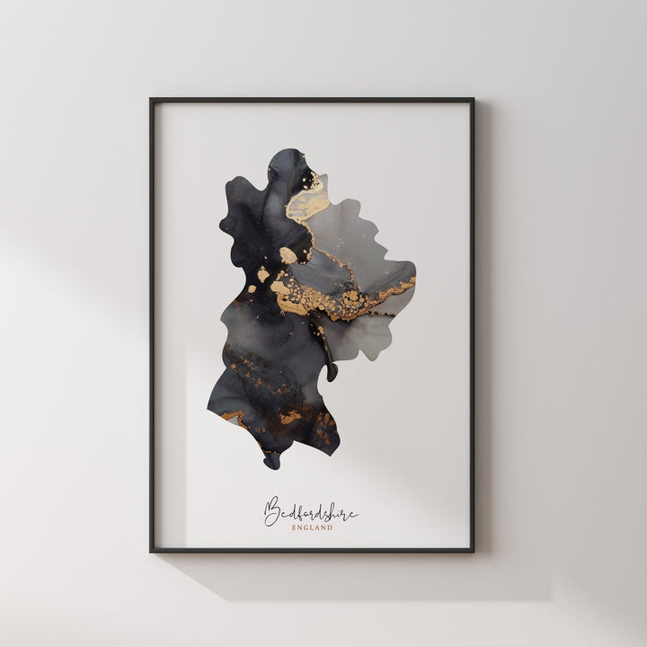 Bedfordshire Map Black & Gold Wall Art Print | England | United Kingdom | Great Britain