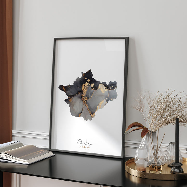 Cheshire Map Black & Gold Wall Art Print | England | United Kingdom | Great Britain