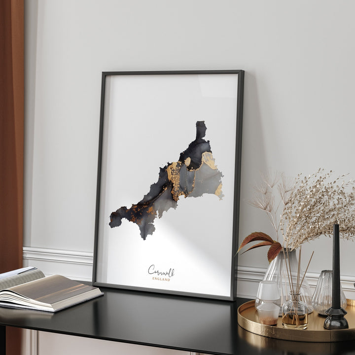 Cornwall Map Black & Gold Wall Art Print | England | United Kingdom | Great Britain