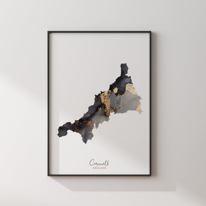 Cornwall Map Black & Gold Wall Art Print | England | United Kingdom | Great Britain
