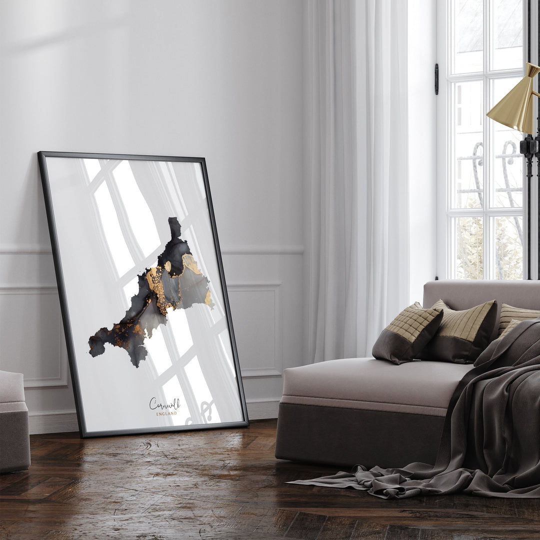 Cornwall Map Black & Gold Wall Art Print | England | United Kingdom | Great Britain