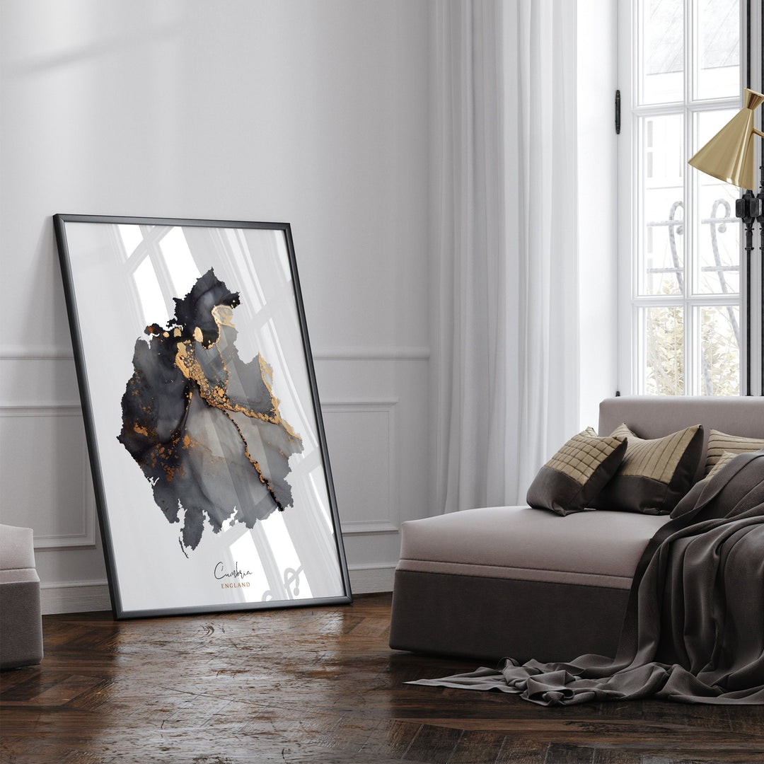 Cumbria Map Black & Gold Wall Art Print | England | United Kingdom | Great Britain