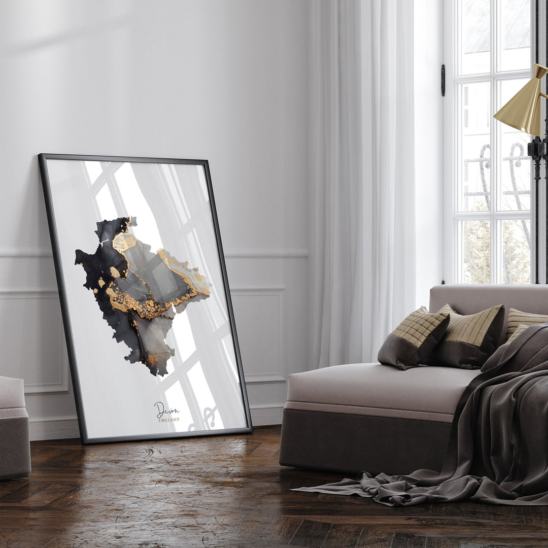 Devon Map Black & Gold Wall Art Print | England | United Kingdom | Great Britain