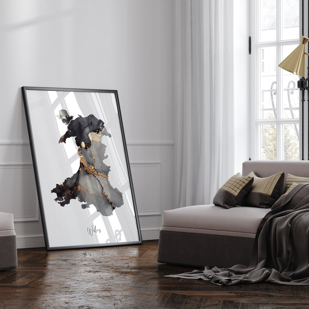 Wales Map Black & Gold Wall Art Print [EV] United Kingdom | UK | Great Britain