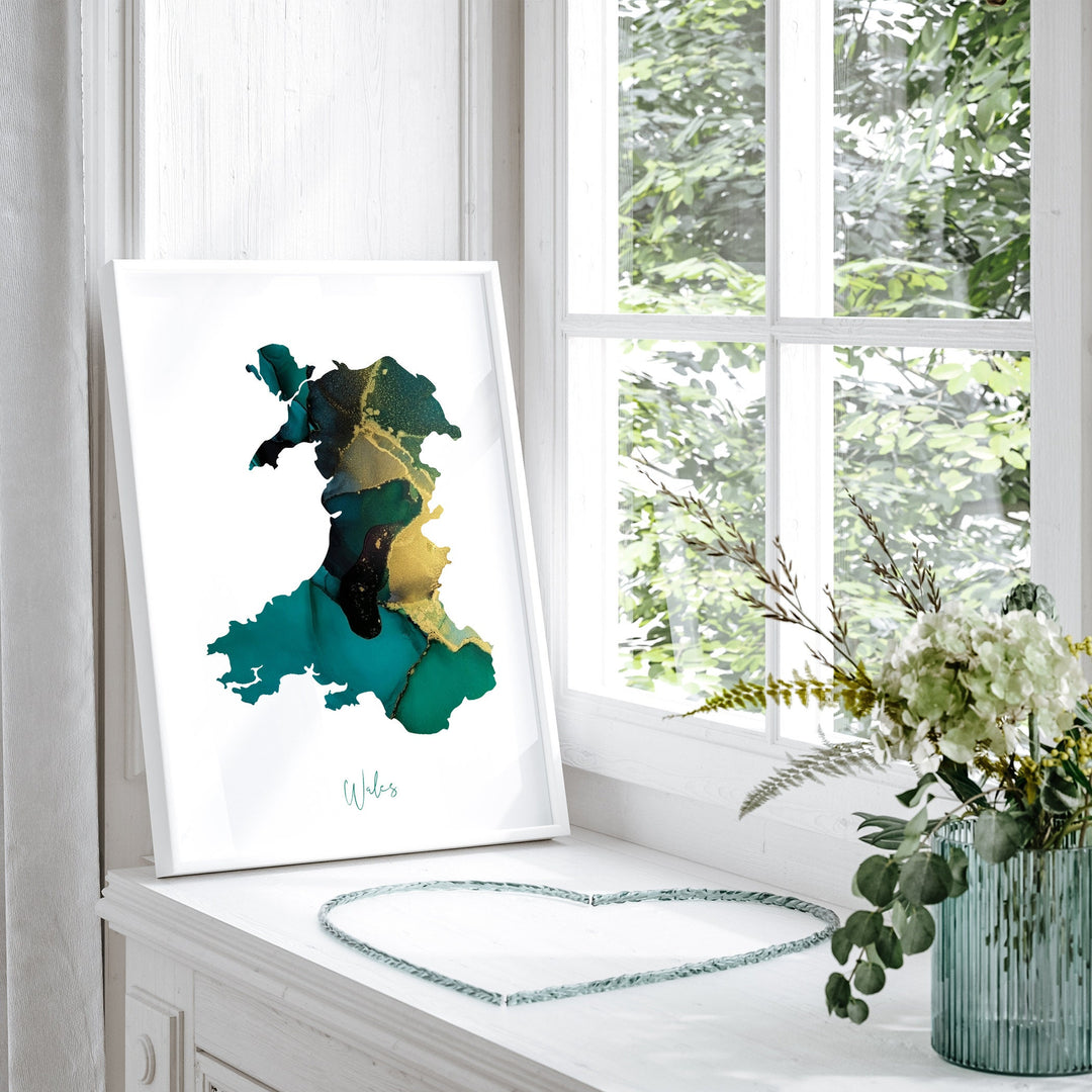 Wales Map Emerald Green and Gold Wall Art Print