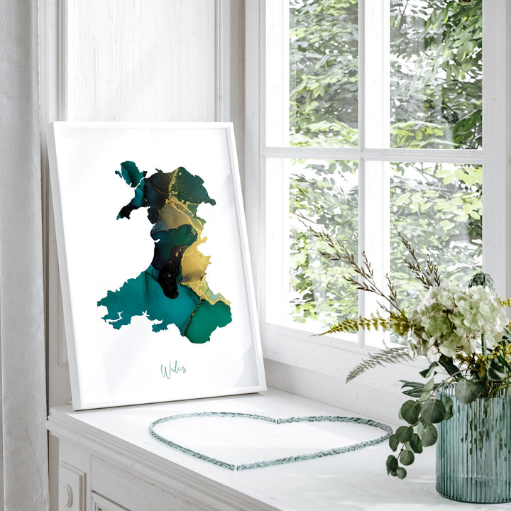 Wales Map Emerald Green and Gold Wall Art Print
