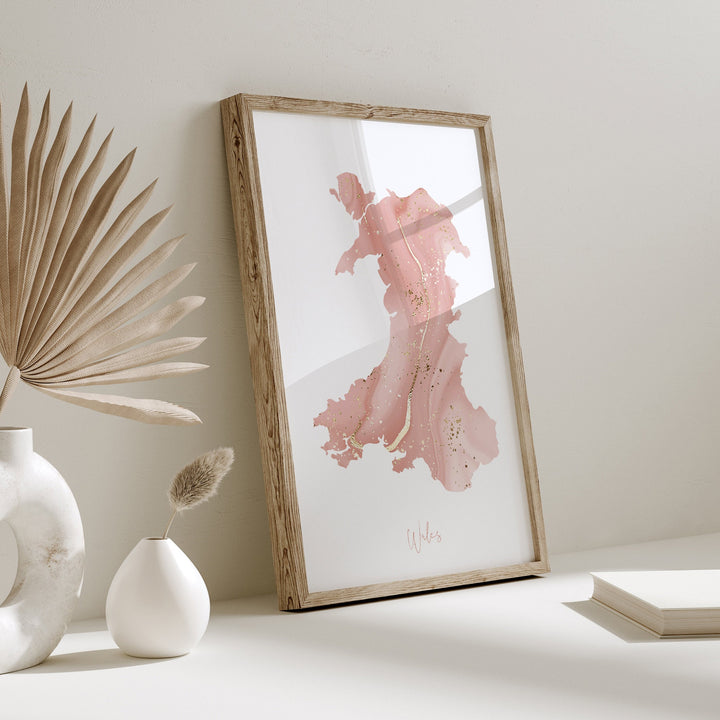 Wales Map Pink and Gold Wall Art Print