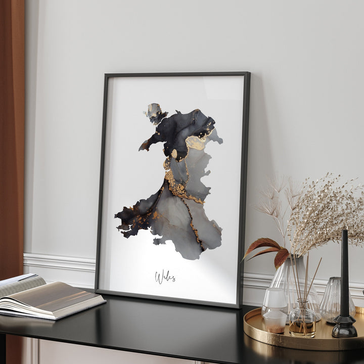 Wales Map Black & Gold Wall Art Print [EV] United Kingdom | UK | Great Britain