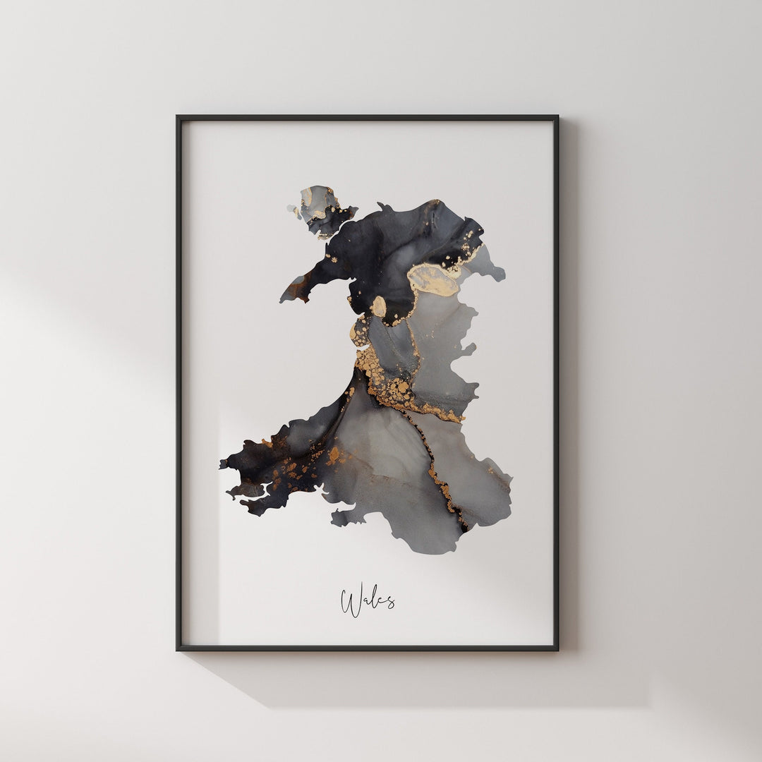 Wales Map Black & Gold Wall Art Print [EV] United Kingdom | UK | Great Britain