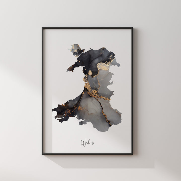Wales Map Black & Gold Wall Art Print [EV] United Kingdom | UK | Great Britain