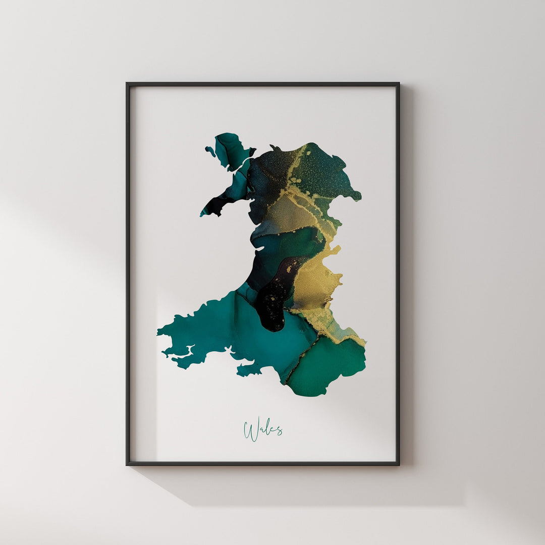 Wales Map Emerald Green and Gold Wall Art Print