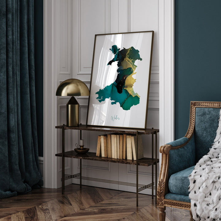Wales Map Emerald Green and Gold Wall Art Print