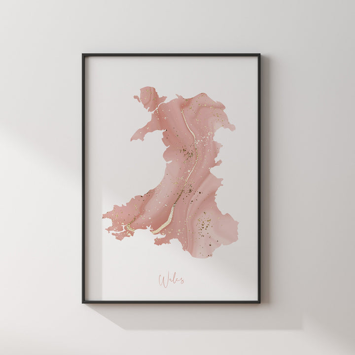 Wales Map Pink and Gold Wall Art Print