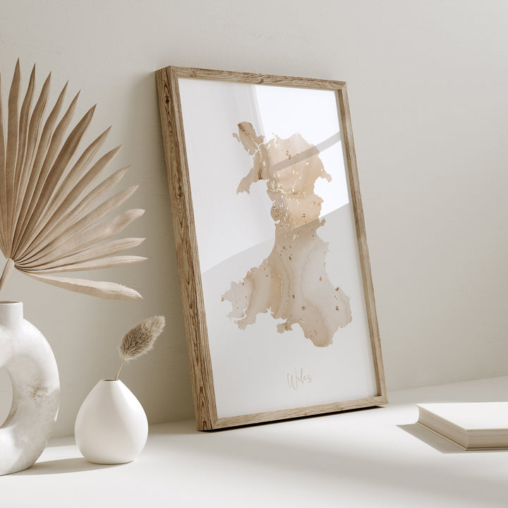 Wales Map Beige & Gold Wall Art Print