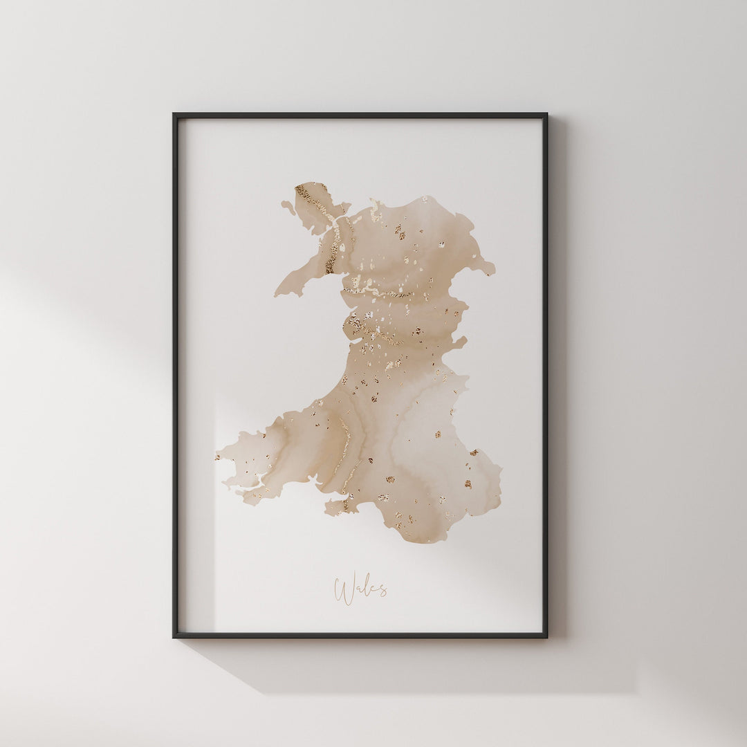 Wales Map Beige & Gold Wall Art Print