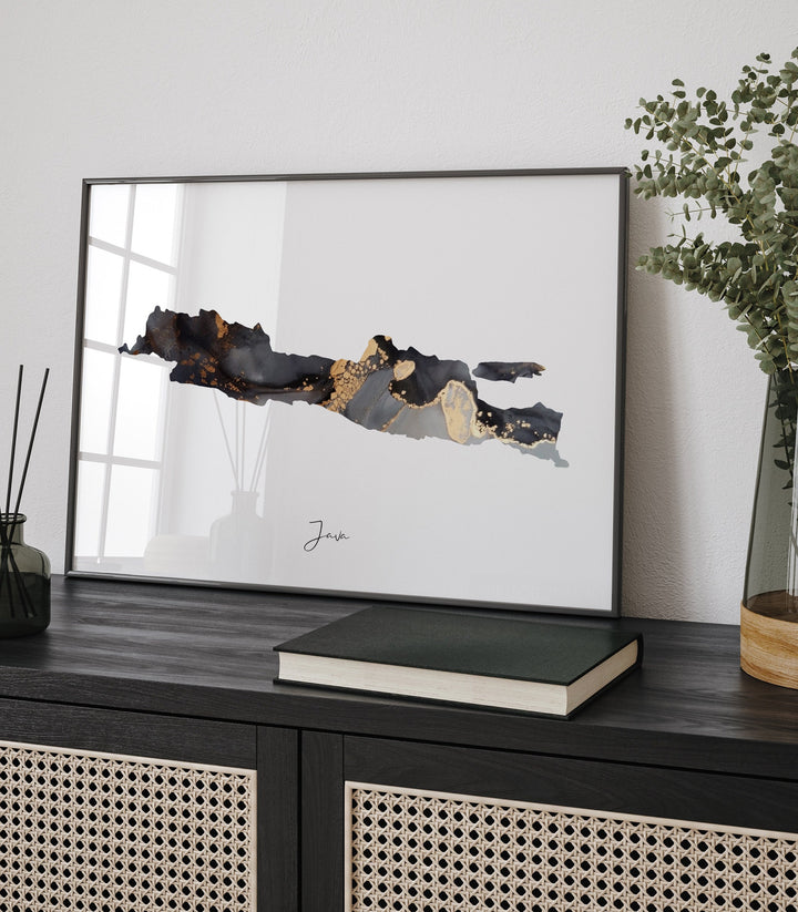 Java Map Black & Gold Wall Art Print | Indonesia