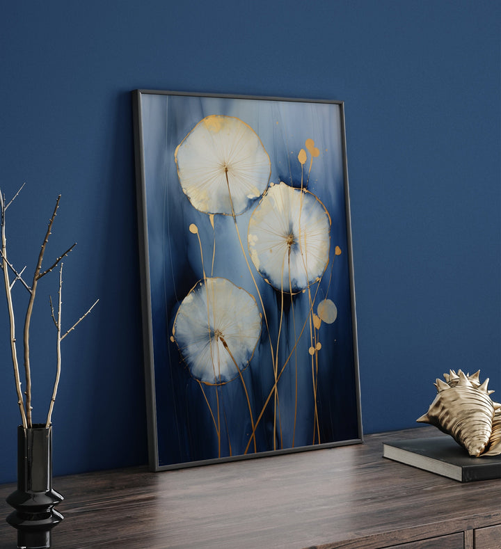Navy Blue & Gold Dandelion Wall Art Print | Blue, White and Gold Watercolor Art