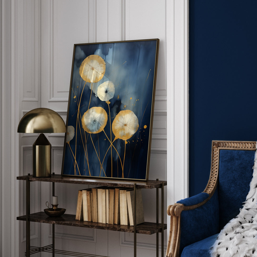 Navy Blue & Gold Dandelions Wall Art Print