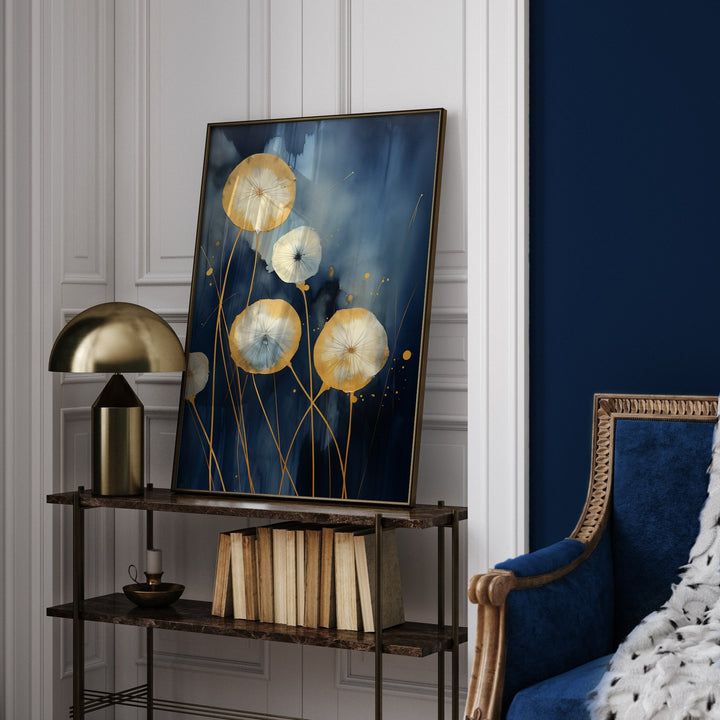 Navy Blue & Gold Dandelions Wall Art Print
