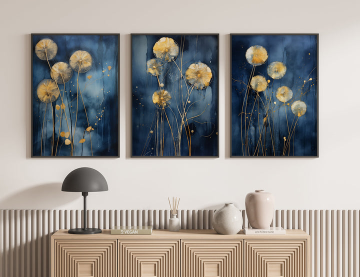 Navy Blue & Gold Dandelions Wall Art | Set of 3 Navy Blue Room Decor | Floral Art