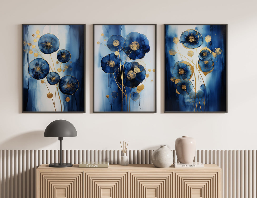 Navy Blue & Gold Floral Wall Art | Set of 3 Navy Blue Room Decor | Floral Art